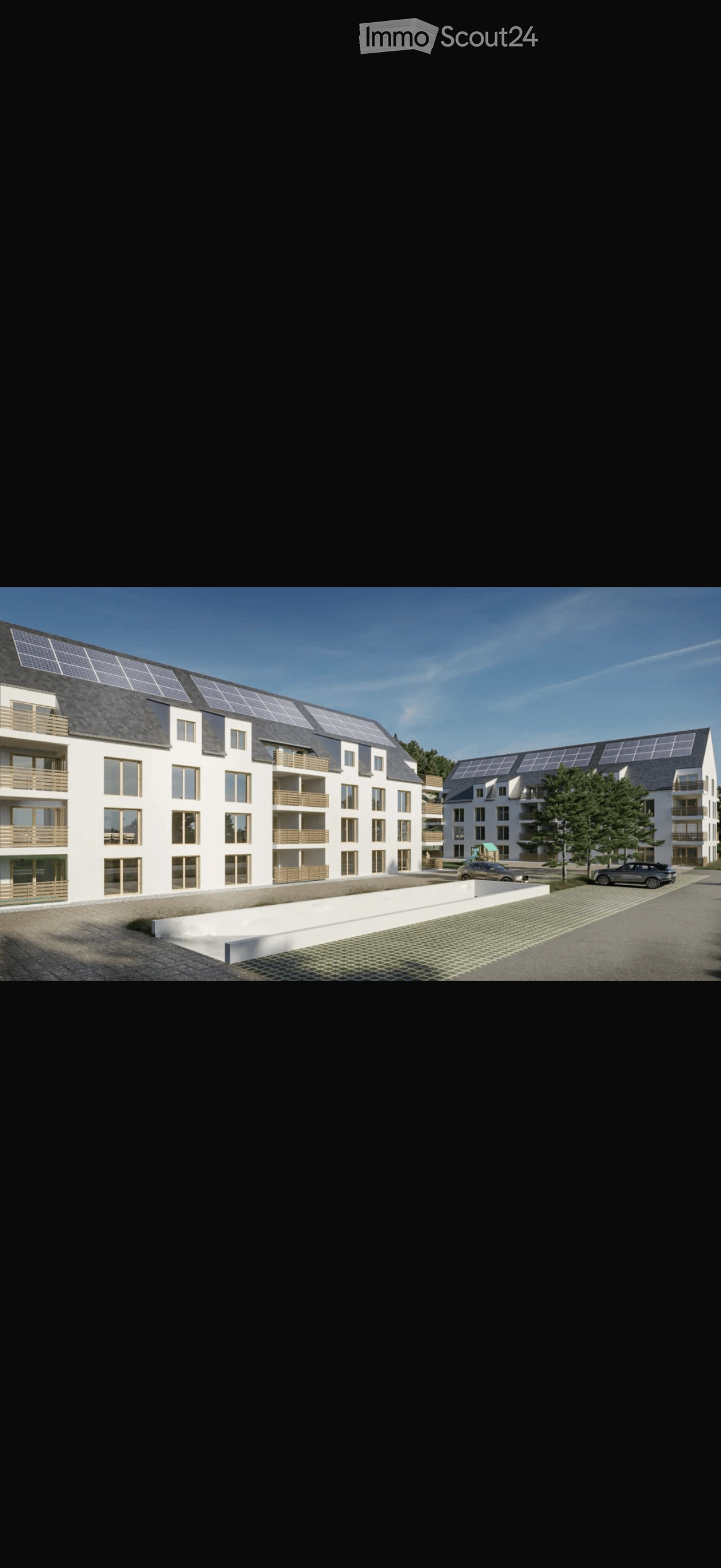 Modern multi-story residential building with balconies, solar panels on the roof, and a paved parking area.