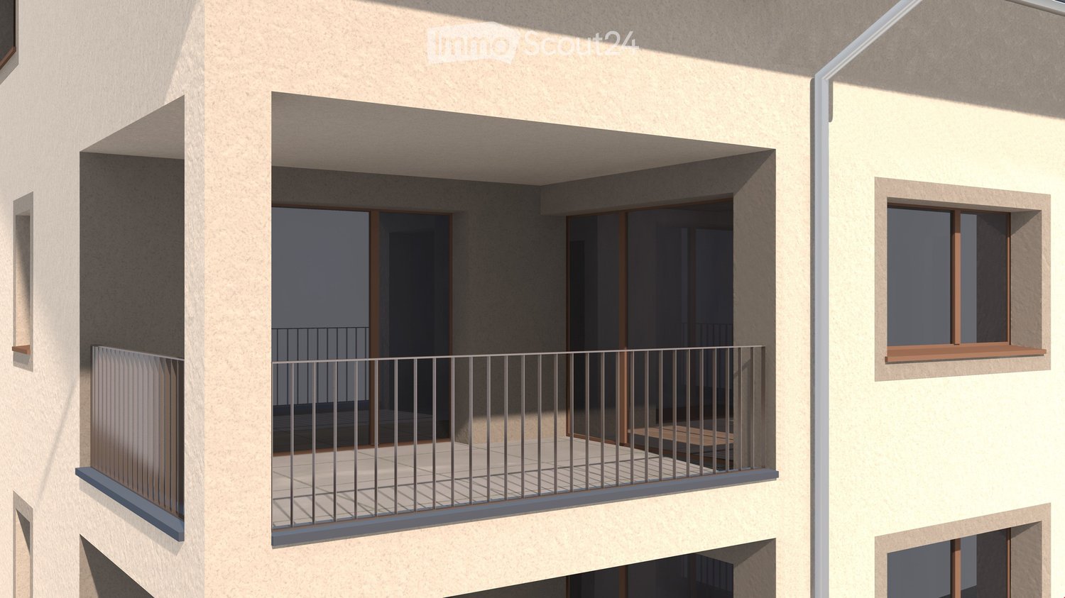 Balcony with metal railing, sliding glass doors, and tiled floor.