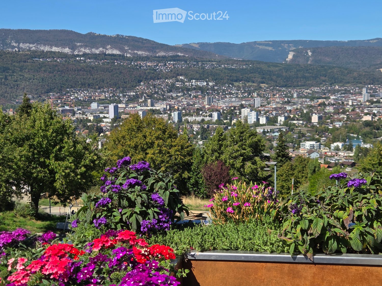 Balcony with vibrant purple and red flowers, overlooking a cityscape with buildings and distant mountains.