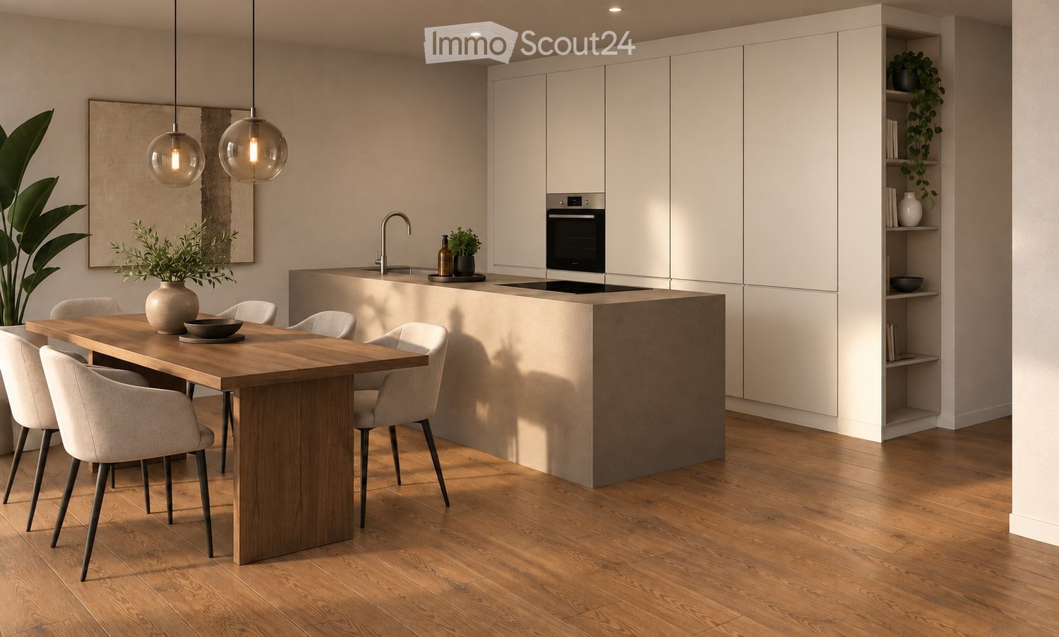 Modern kitchen with white cabinets, wooden island, pendant lights, and a dining area with a wooden table and chairs.