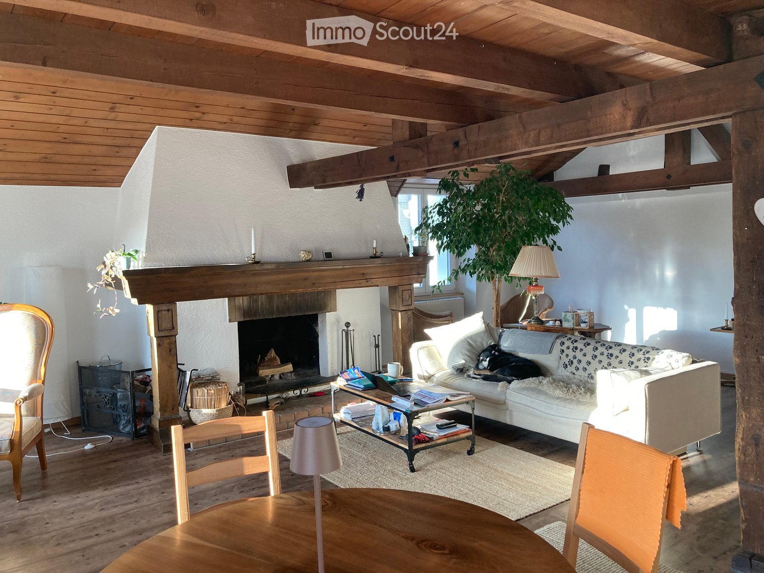 Cozy living room with exposed wooden beams, a fireplace, a sofa with a dog, a coffee table, and wooden chairs around a dining table.