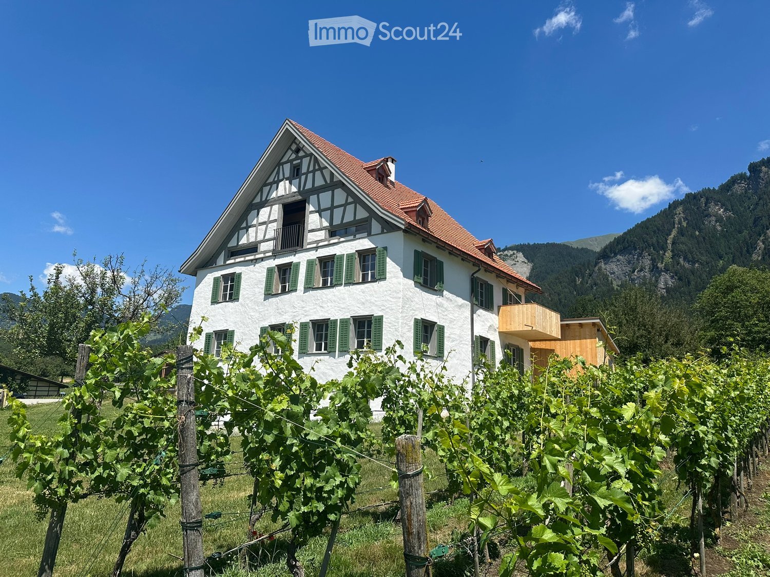 A two-story white house with green shutters and a red-tiled roof, surrounded by a vineyard with wooden posts and lush green vines, set against a backdrop of mountains and a clear blue sky.