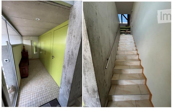 Two images showing a modern hallway and staircase. The hallway features green cabinets, a wooden bench, and a tiled floor. The staircase has concrete walls and a metal handrail.