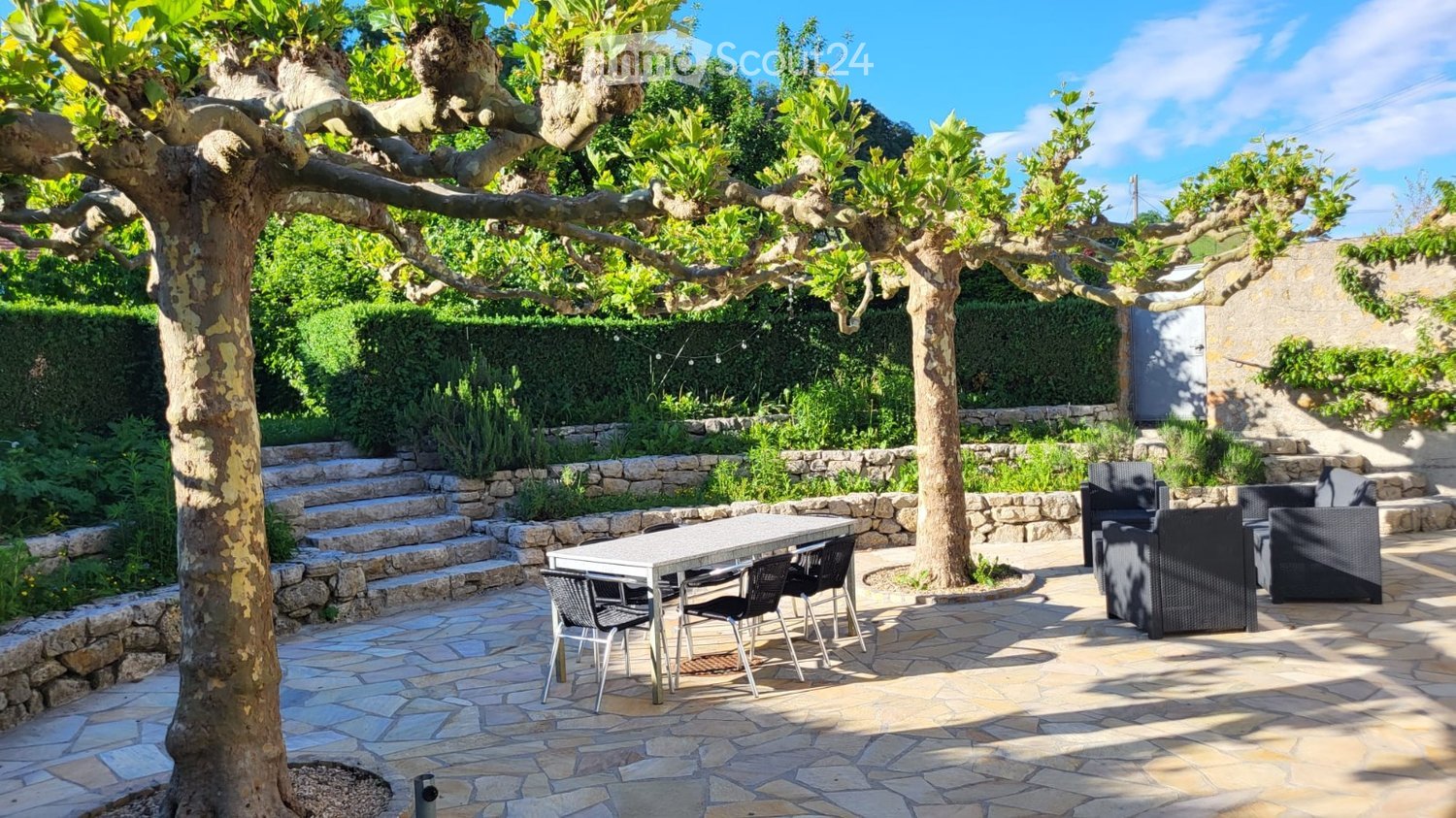 A well-maintained garden with a stone-paved patio, a large tree providing shade, a dining table with chairs, and a comfortable sofa set.