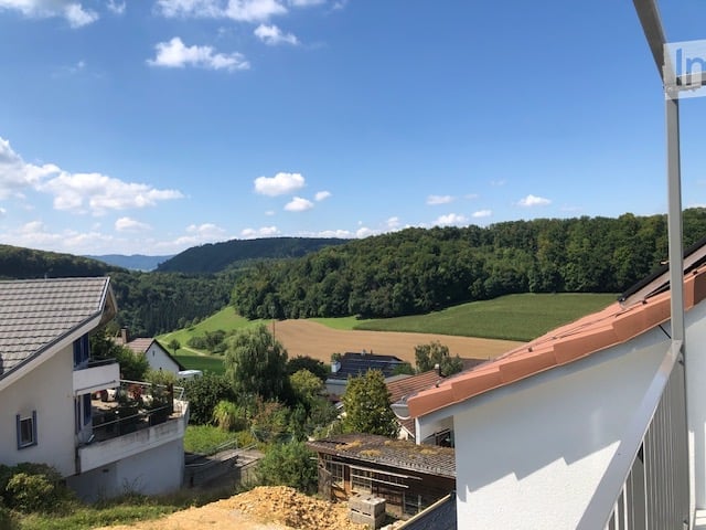 View from a balcony or terrace showing a rural landscape with houses, fields, and forested hills under a clear blue sky.