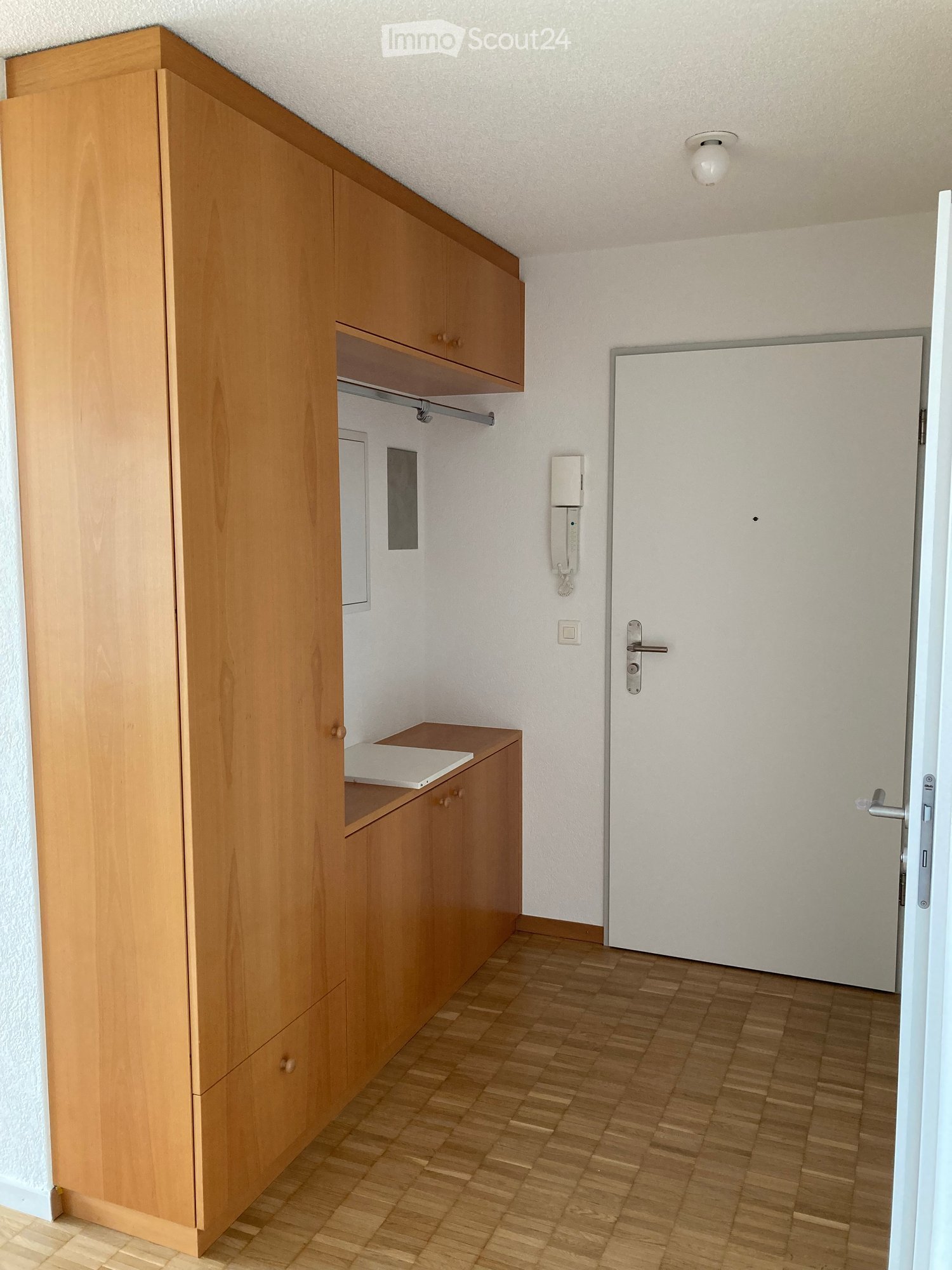Empty hallway with wooden floor, white walls, and a closed door. Wooden cabinetry and a small shelf are visible on the left side.