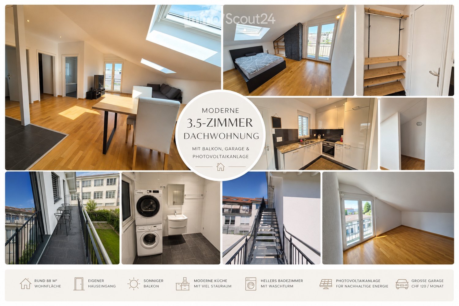 Collage of images showcasing a modern 3.5-room attic apartment with features including a balcony, garage, photovoltaic system, spacious kitchen, bright bathroom, and private entrance.