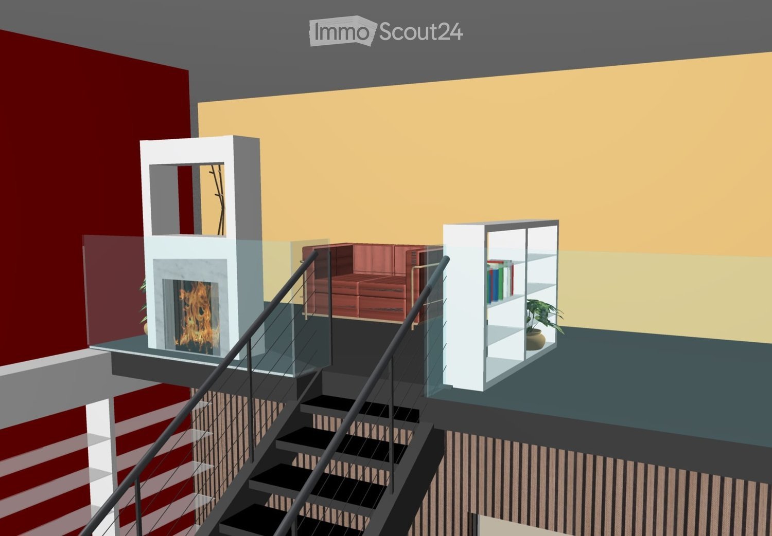 Modern living room with a fireplace, staircase leading to an upper level, a red sofa, a bookshelf, and a potted plant.