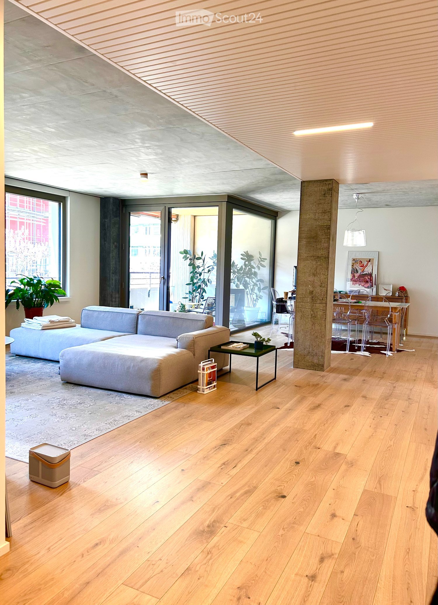 Modern living room with light wooden flooring, a grey sectional sofa, a small coffee table, a dining area with chairs and a table, and large windows with plants.