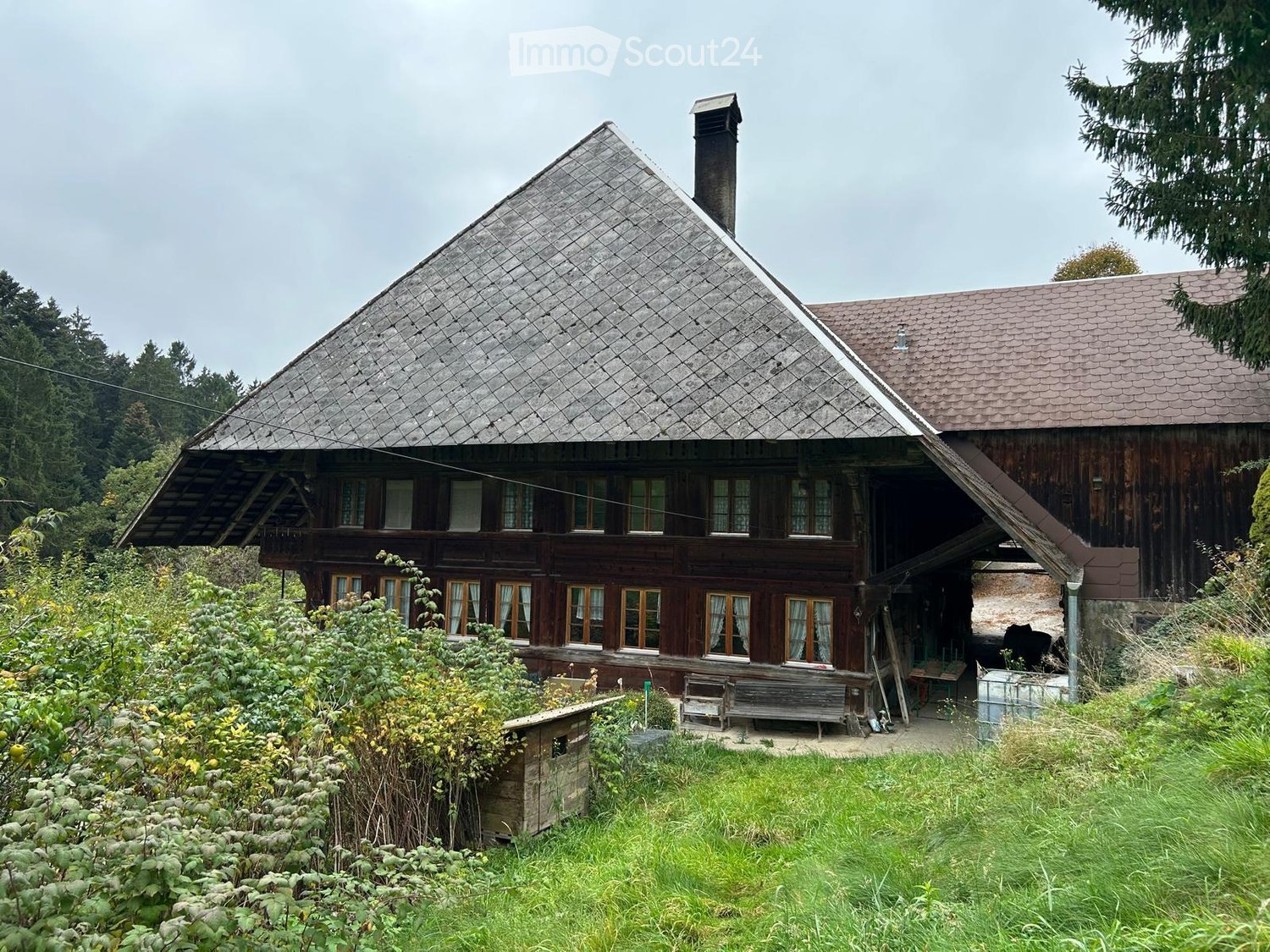Traditional wooden house with a steep roof, multiple windows, and a small porch area surrounded by greenery and trees.