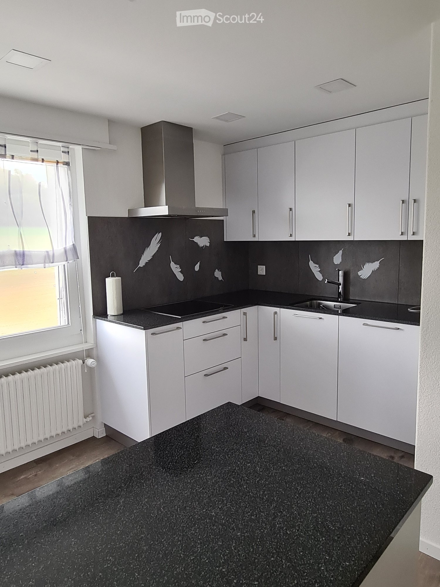 Modern kitchen with white cabinets, black countertops, a stainless steel range hood, and a sink with a modern faucet. The backsplash features decorative feather decals.