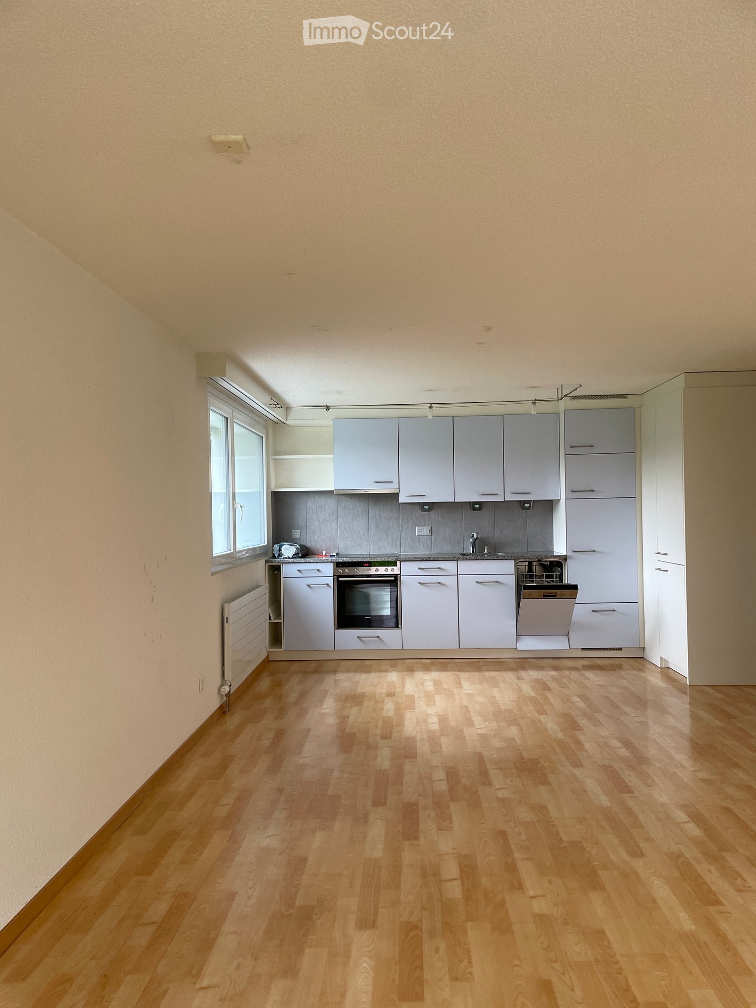Empty kitchen with light grey cabinets, wooden floor, and a window on the left side.