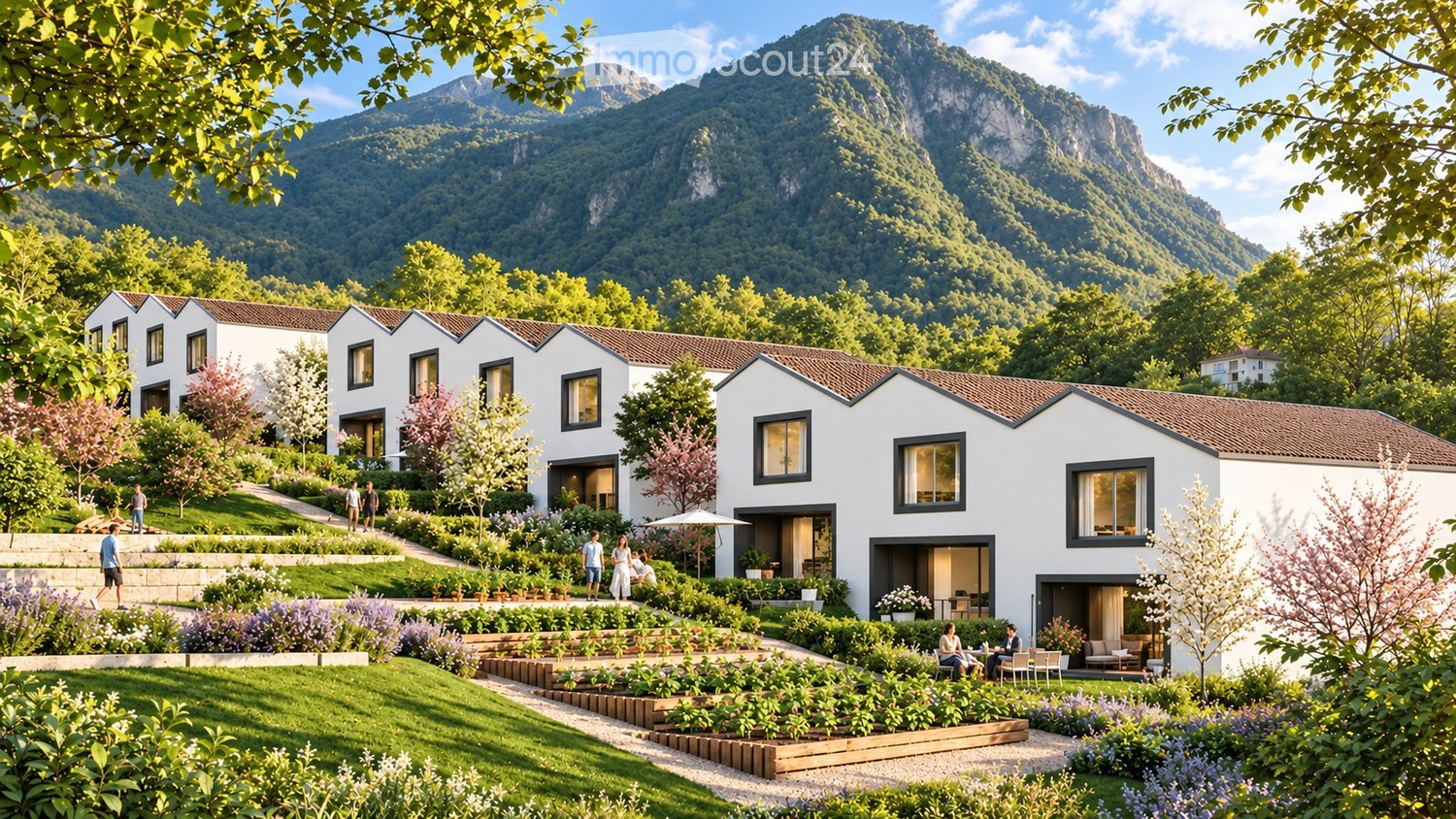 Modern white buildings with large windows and tiled roofs, surrounded by a well-maintained garden with pathways, seating areas, and blooming flowers, with a scenic mountain backdrop.