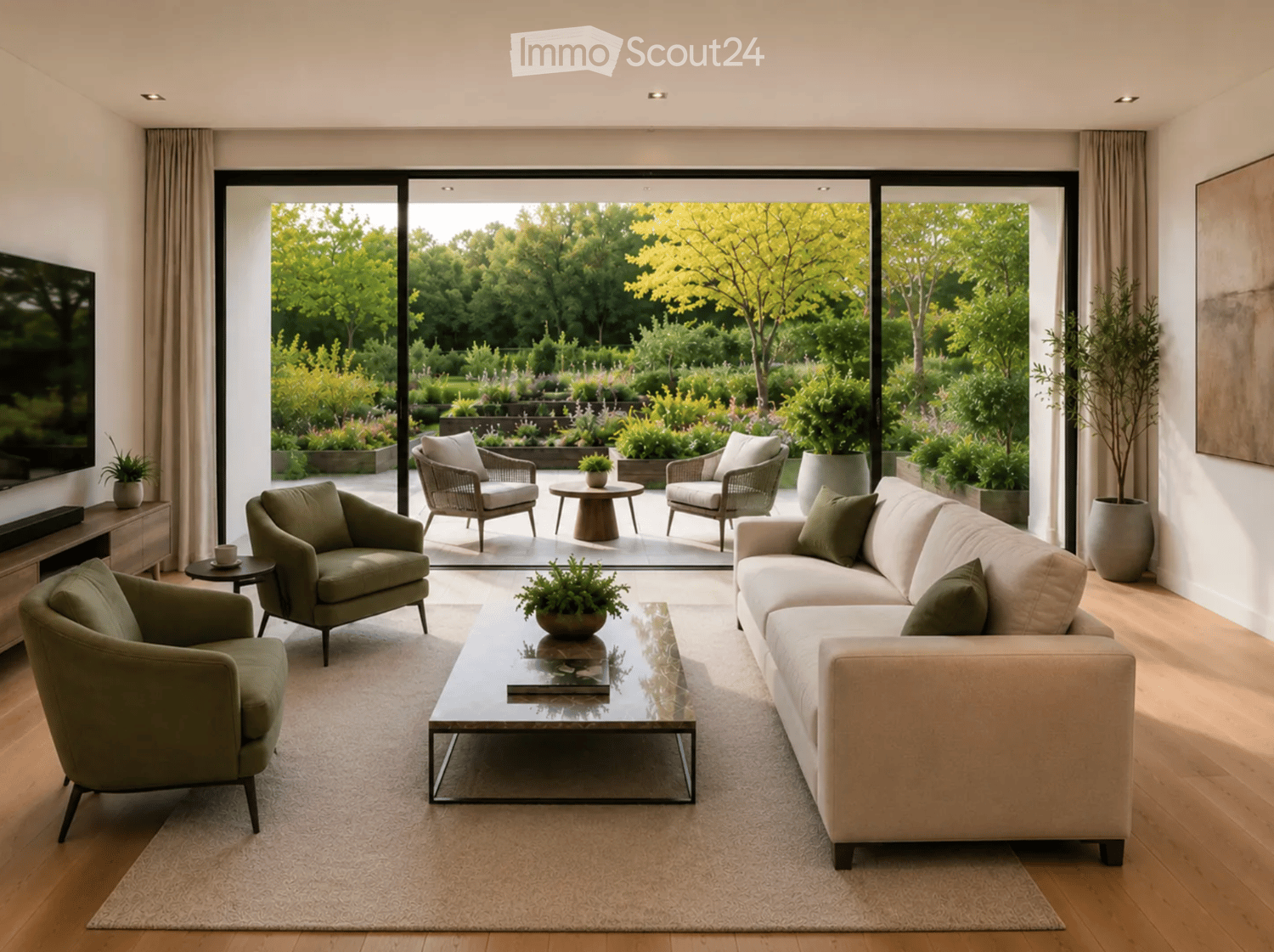 Modern living room with large glass doors opening to a garden, featuring a beige sofa, glass coffee table, armchairs, and a television console.
