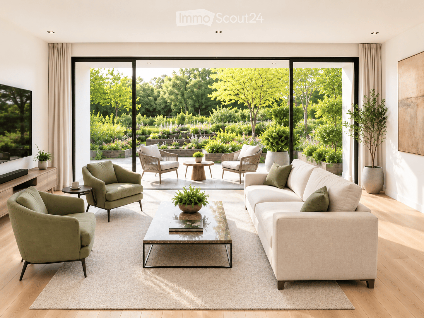 Modern living room with large glass doors opening to a garden, featuring a cream sofa, green armchairs, a glass coffee table, and a TV on a wooden stand.
