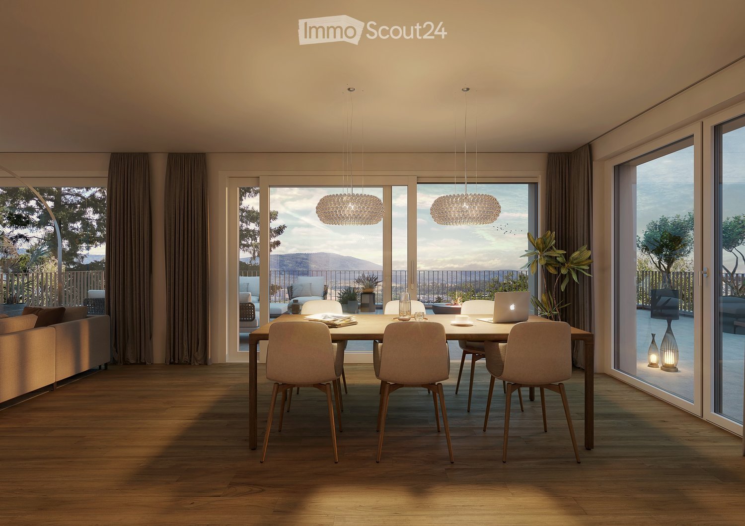 Modern dining room with wooden floor, large windows offering a scenic view, a dining table with chairs, a sofa, and decorative lighting.