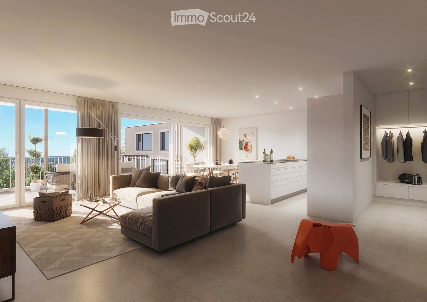 Modern living room with a large sectional sofa, coffee table, floor lamp, and a kitchen island. Large windows and sliding doors lead to a balcony with outdoor seating.