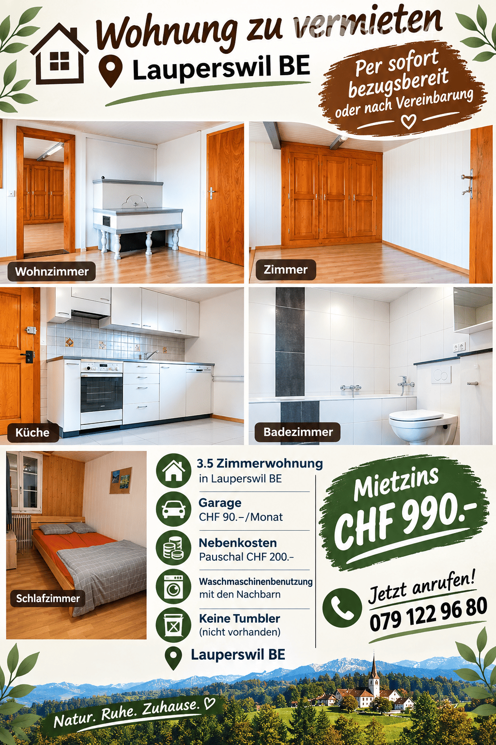 Rental property advertisement for a 3.5-room apartment in Lauperwil BE, featuring a living room, bedroom, kitchen, bathroom, and garage.