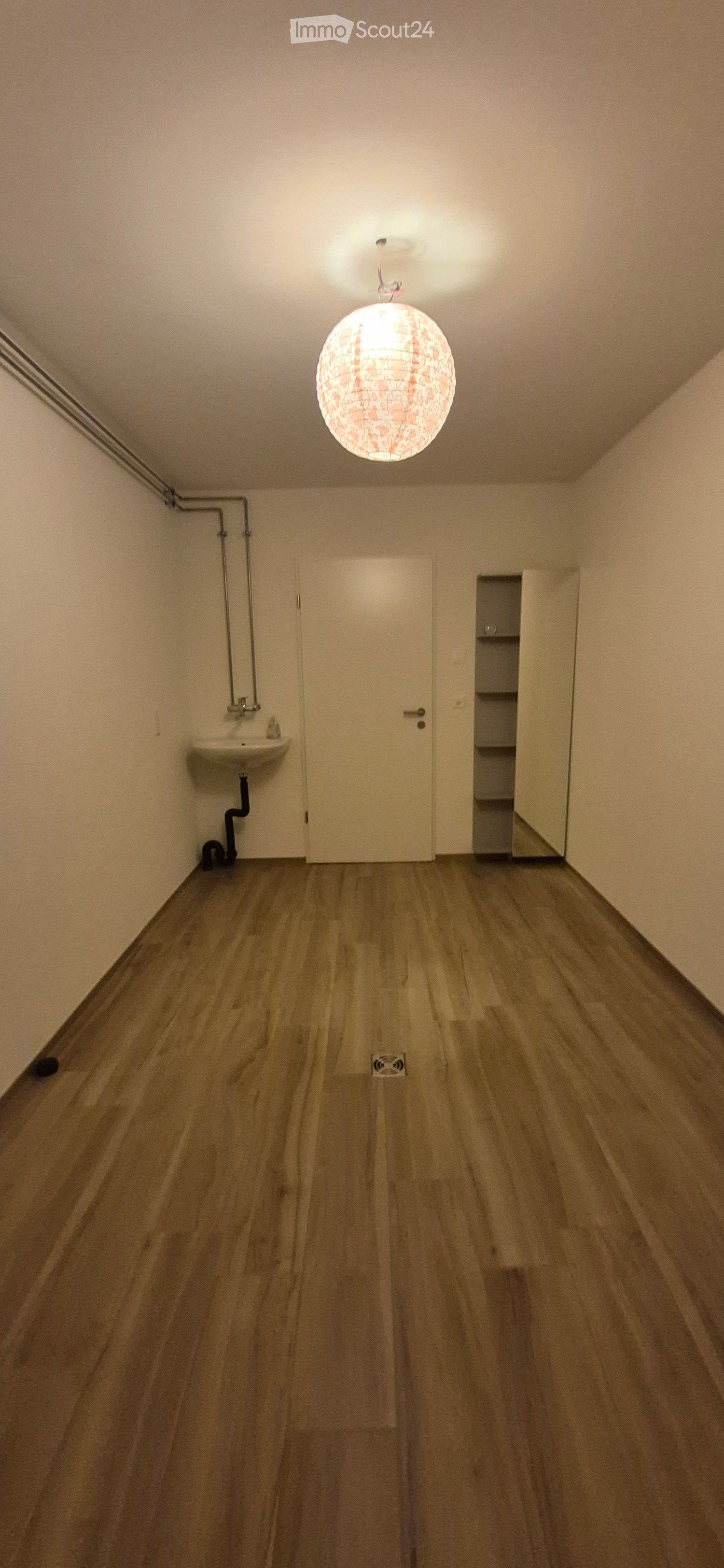 Empty room with wooden flooring, white walls, a small sink, a closed door, and a built-in shelf unit. A decorative hanging light fixture is visible on the ceiling.