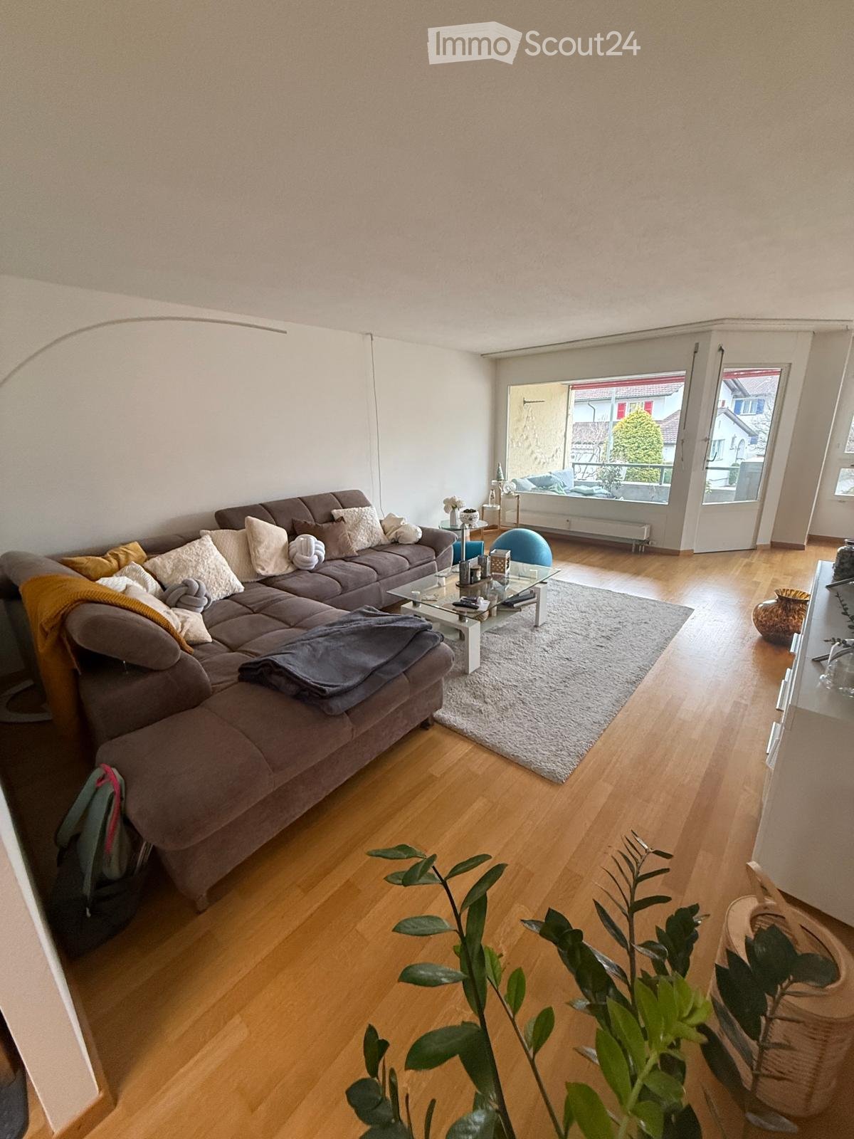 Modern living room with wooden flooring, large sectional sofa, coffee table, side table, decorative ball, and plants.