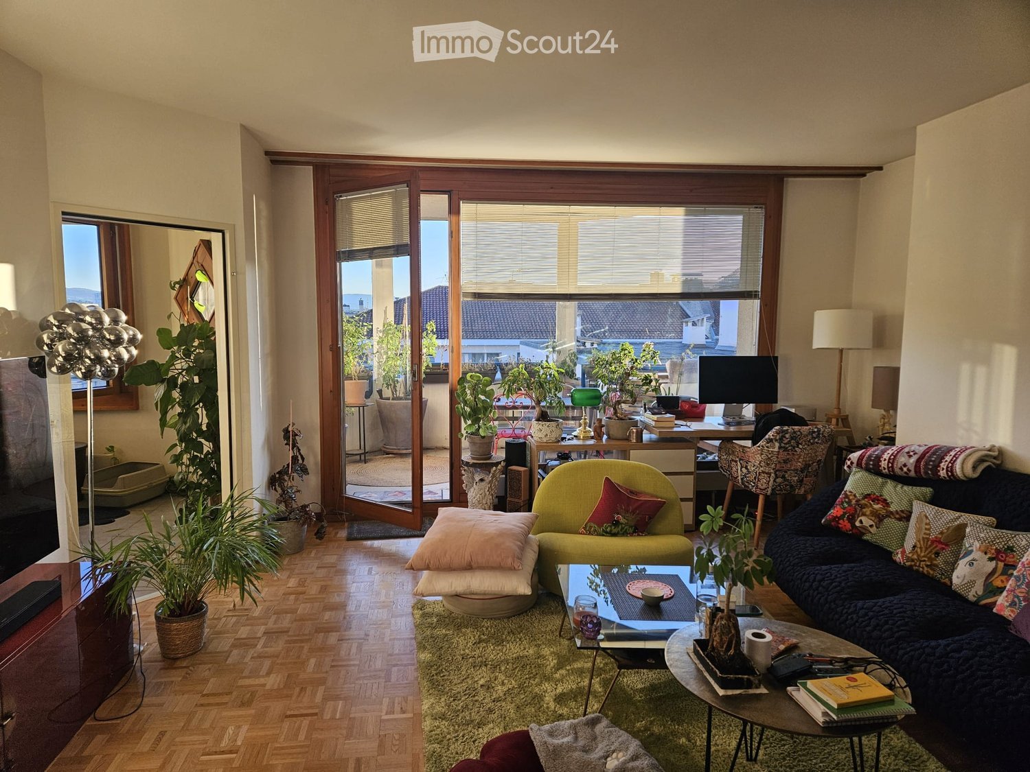 Bright living room with wooden flooring, large windows, and a view of the city. Features a green armchair, dark blue sofa with colorful pillows, coffee table, side table, and several potted plants.