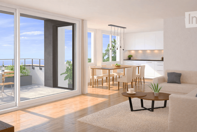 Bright, modern living and dining area with large windows and a balcony. Features a cream sofa, coffee table, dining table with chairs, and a small potted plant on the coffee table.