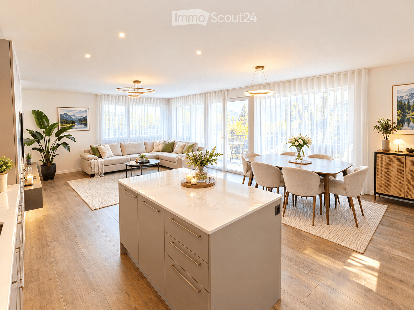Open-concept living and dining area with a white kitchen island, a sectional sofa, a coffee table, a dining table with chairs, and large windows with sheer curtains. The space features modern lighting fixtures and decorative plants.