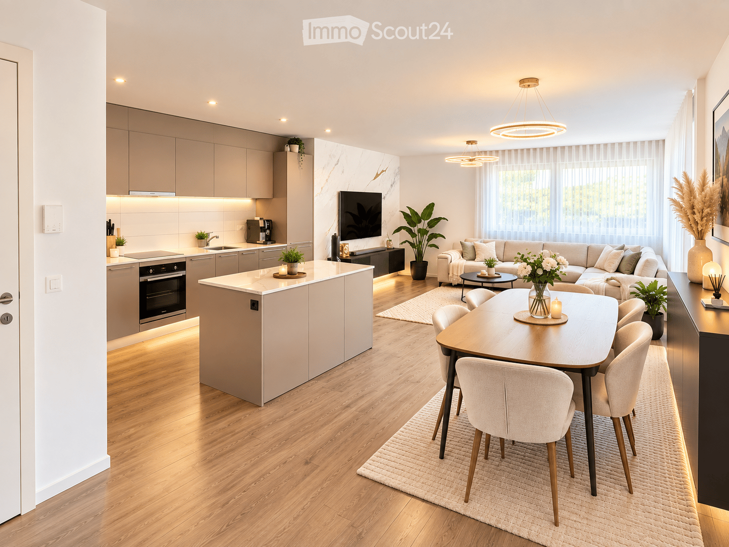 Modern open-plan living and dining area with a kitchen island, sofa, dining table, and various decorative elements including potted plants and a television.