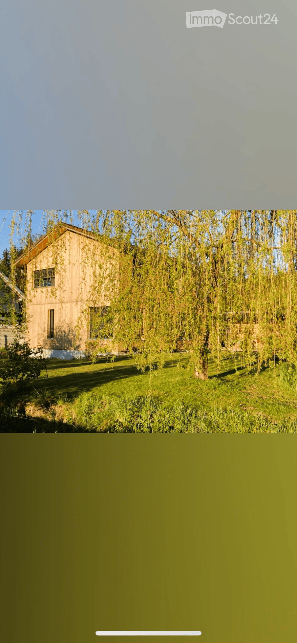 A modern wooden house with large windows, surrounded by lush greenery and trees.
