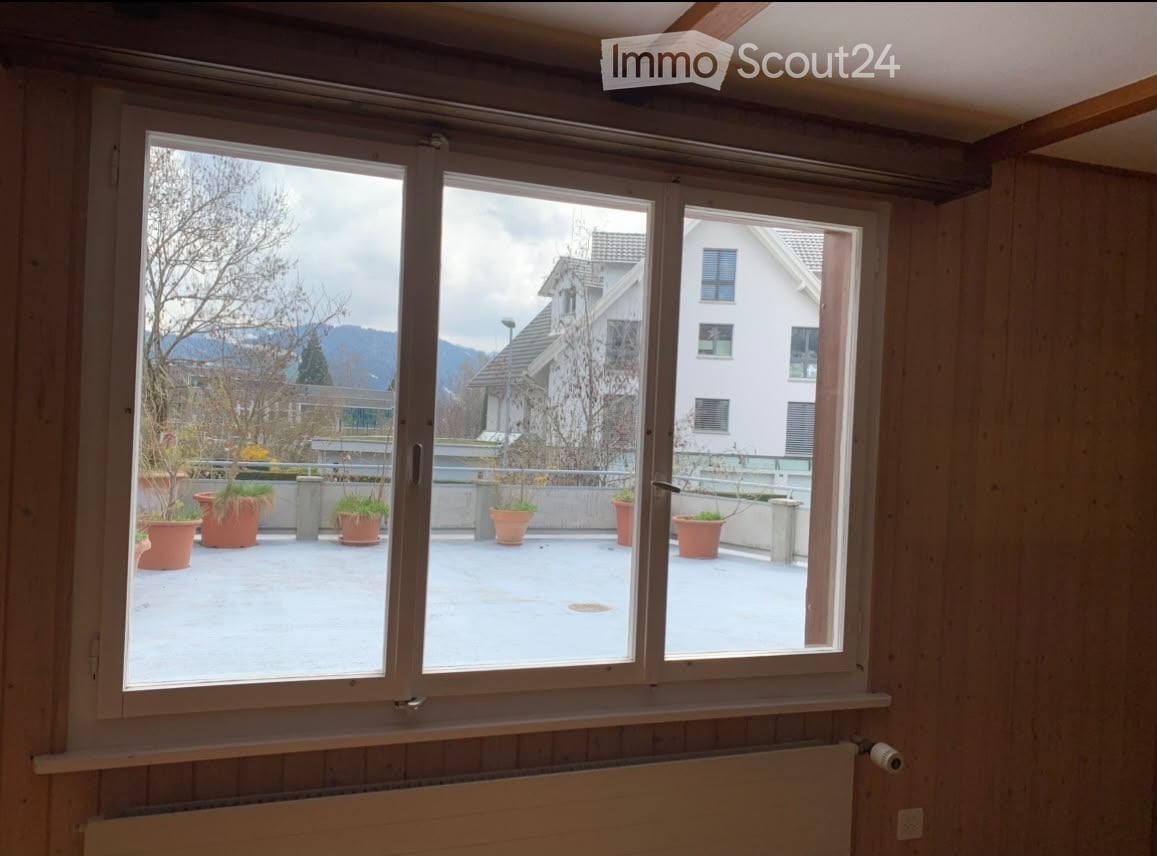 Empty room with large windows offering a view of a balcony area with potted plants and surrounding houses.