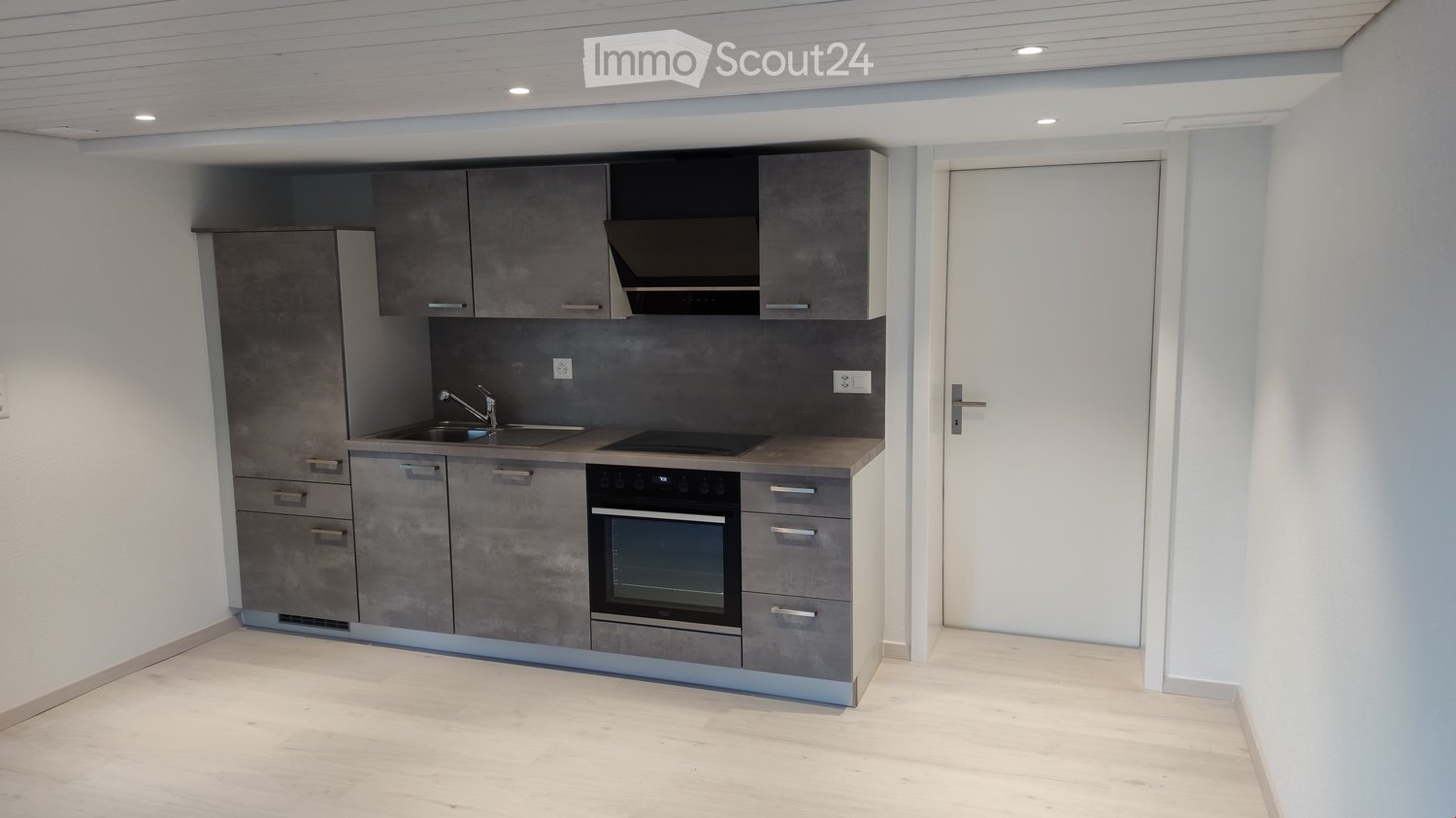 Modern kitchen with grey cabinets, stainless steel appliances, and a sleek countertop.