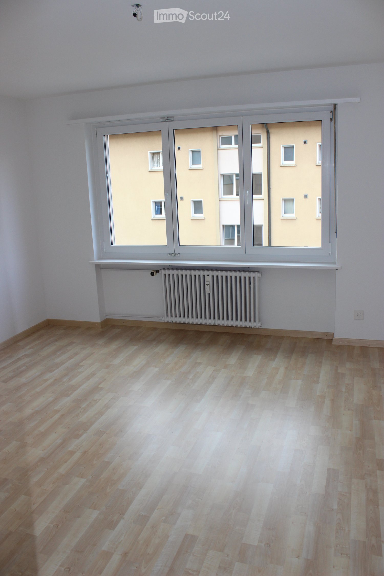 Empty room with light wooden flooring, white walls, large window with white frame, radiator below the window, and visible electrical outlet on the wall.