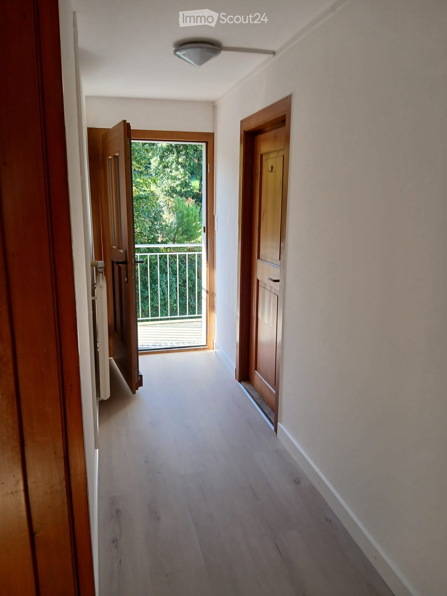 A narrow hallway with light-colored walls, carpeted floor, and wooden doors on both sides. An open door leads to a balcony with a metal railing and greenery visible outside.