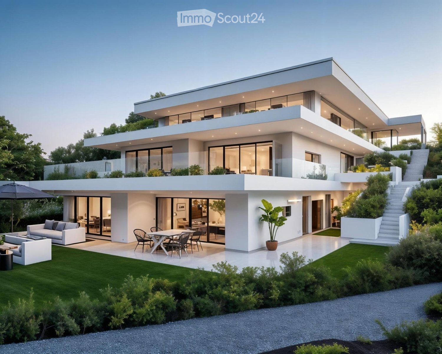 Modern two-story house with white exterior, large glass windows, spacious outdoor patio with seating, and well-maintained garden.