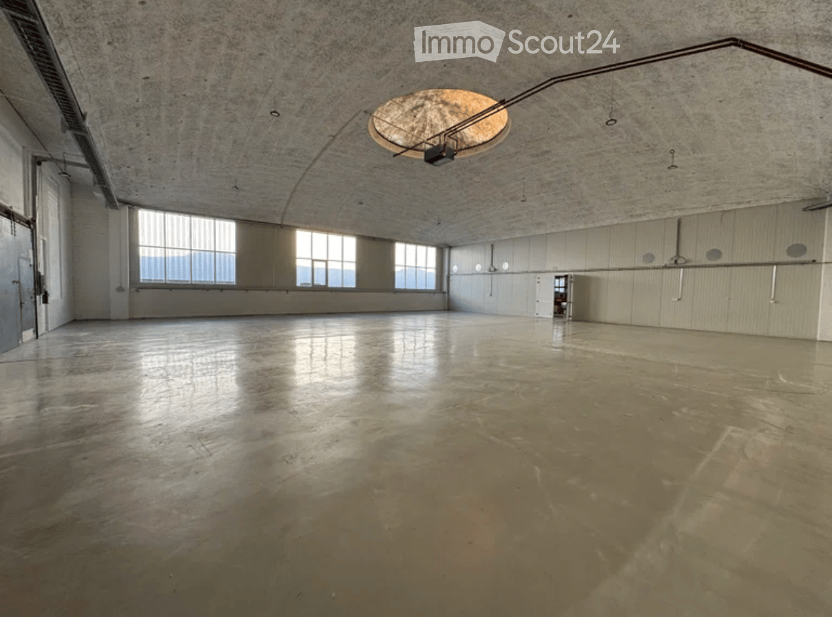 Empty room with concrete floor, large windows, and a single ceiling light fixture.