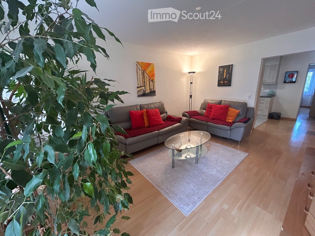 Modern living room with light wooden flooring, two sofas with red and orange cushions, a glass coffee table, and a floor lamp. A large leafy plant is partially obscuring the view.