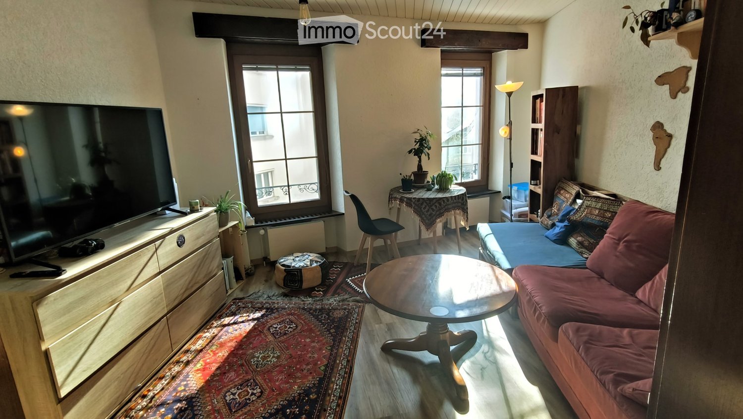 A cozy living room with a red sofa, wooden coffee table, TV, and small table with plants. The room features wooden flooring, large windows, and a colorful rug.
