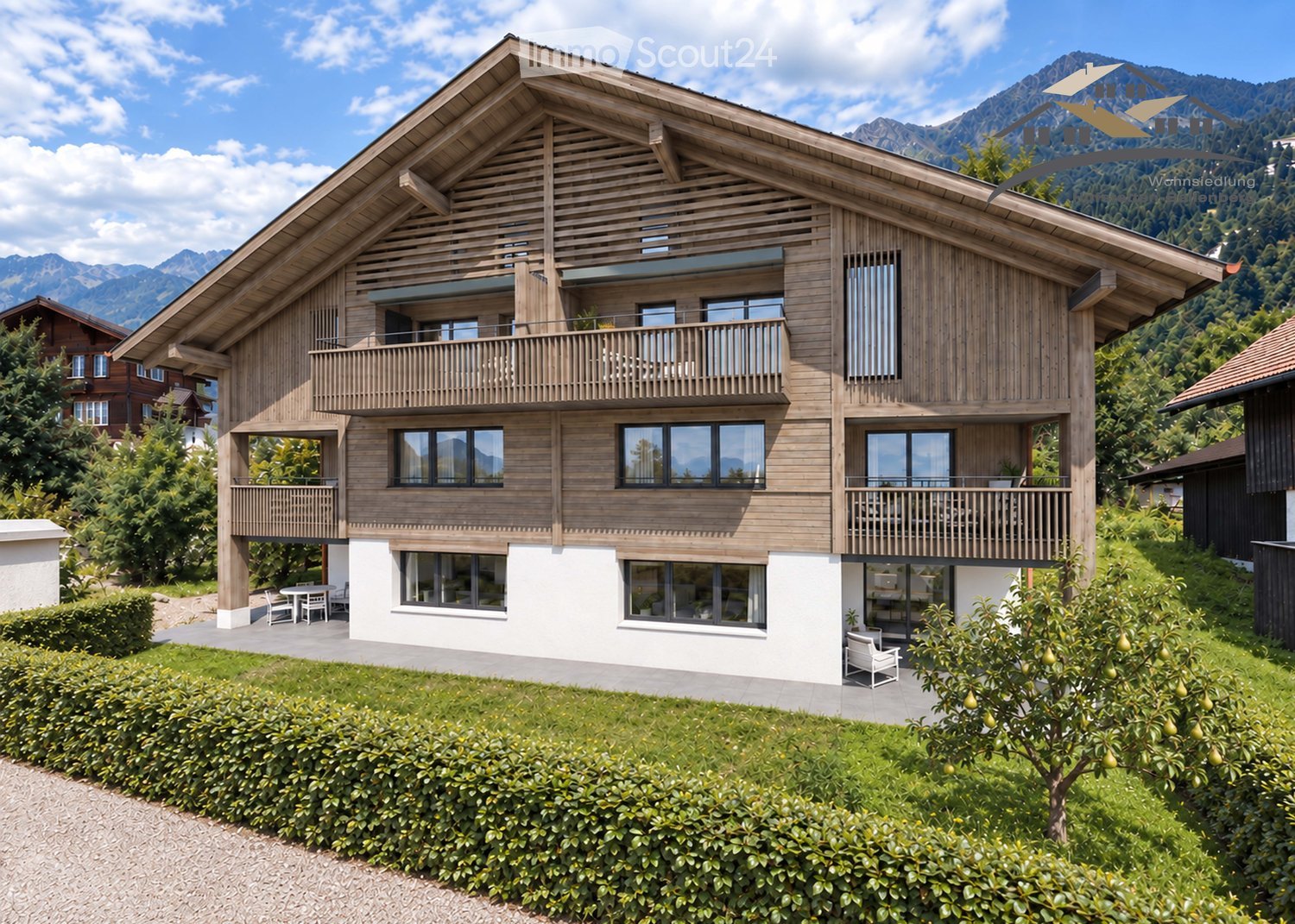 A modern two-story wooden house with large windows and balconies, surrounded by a well-maintained garden and trees, with a scenic mountain view in the background.