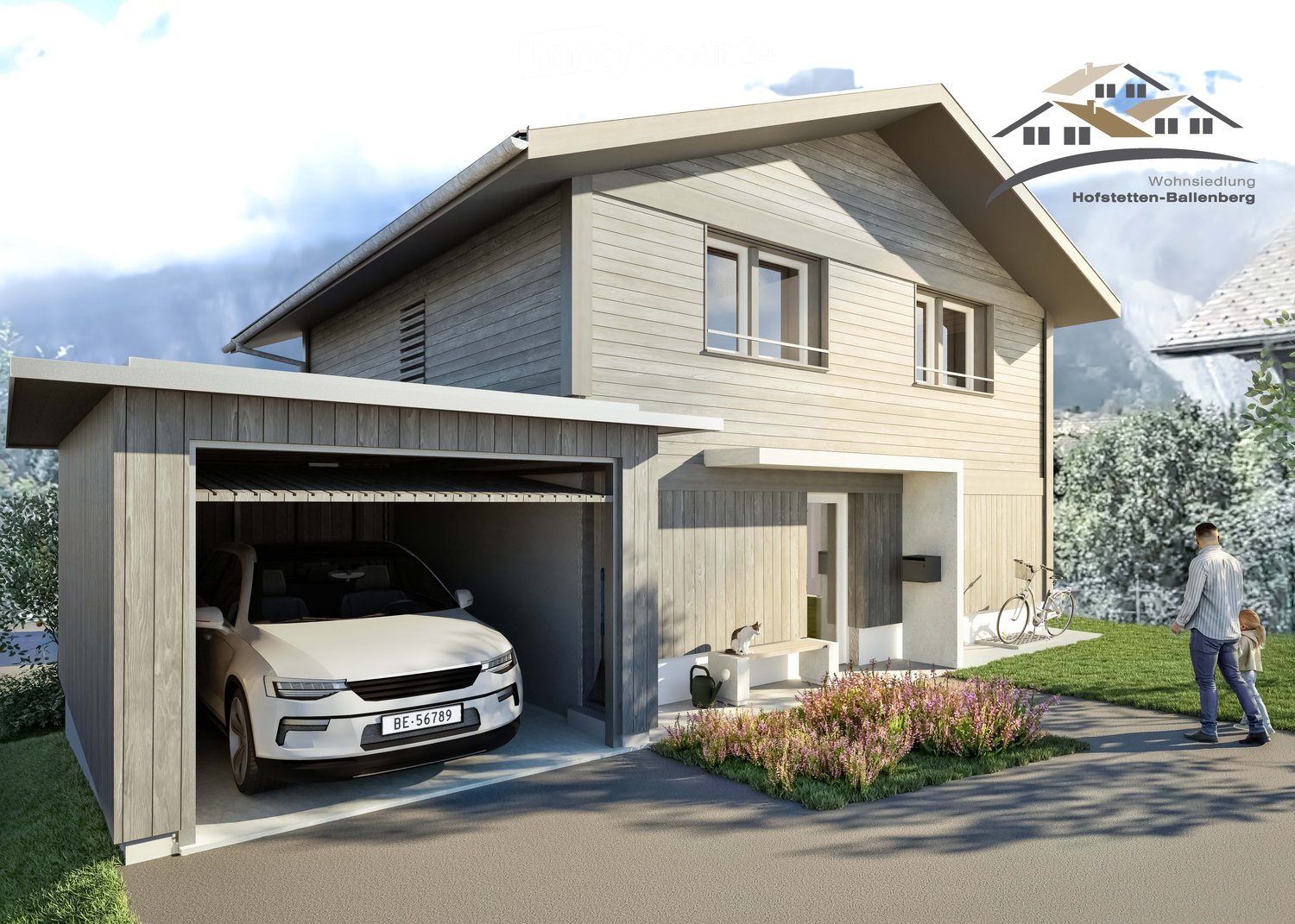 Detached house with a carport, beige wooden siding, white windows, bicycle parked, man and child walking in the foreground