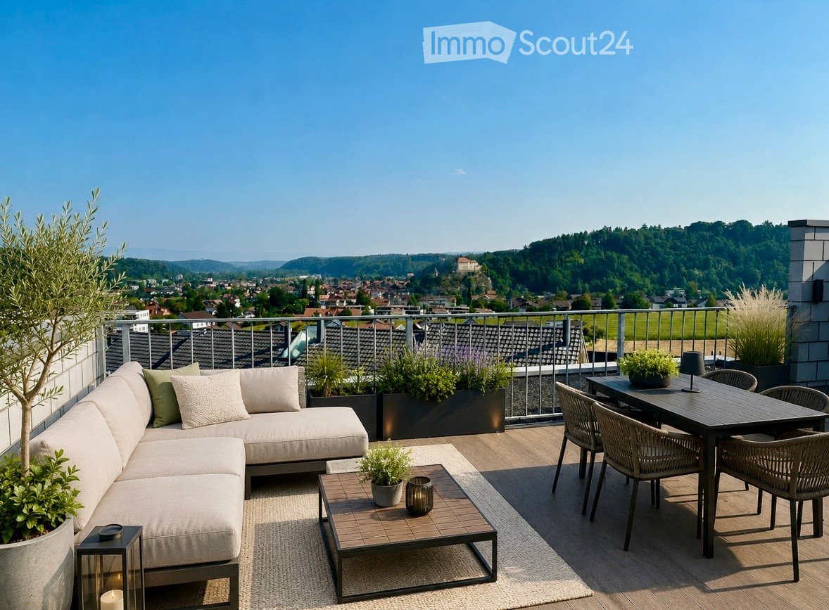 A modern rooftop terrace with a panoramic city view, featuring a cream-colored sofa, a small coffee table, a dining table with four chairs, and several potted plants.