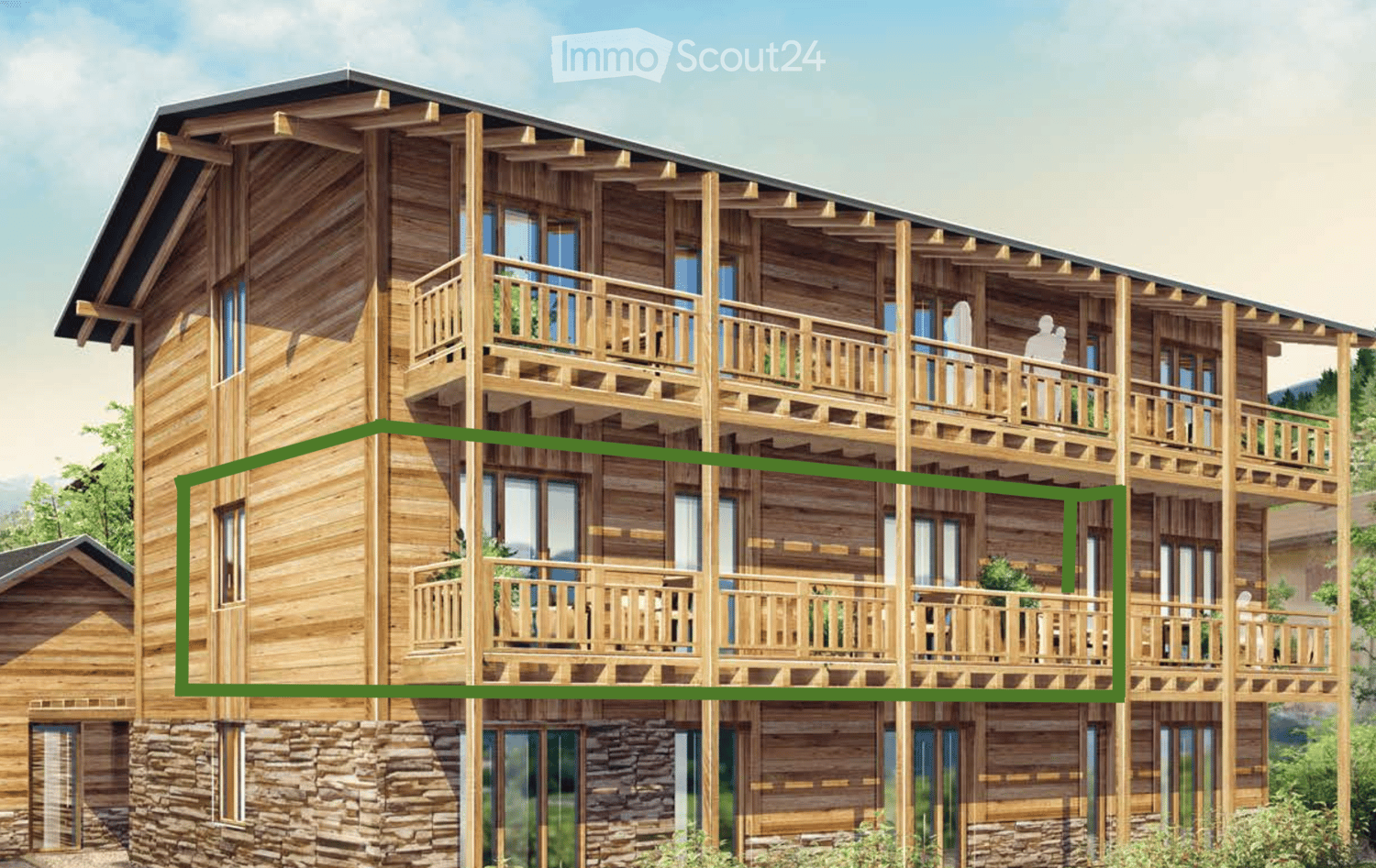 A multi-story wooden building with balconies, large windows, and a stone base. The structure features a combination of wooden and stone materials, with multiple levels connected by wooden railings.