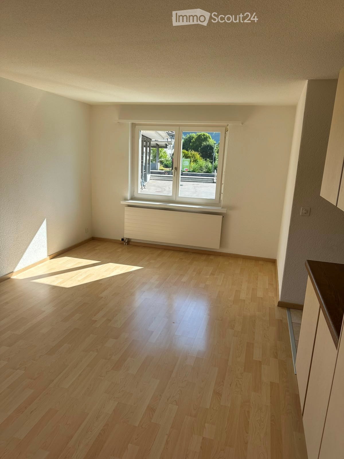 Empty room with light wooden flooring, white walls, and a large window with a radiator below it. The room is unfurnished and has natural light coming in from the window.