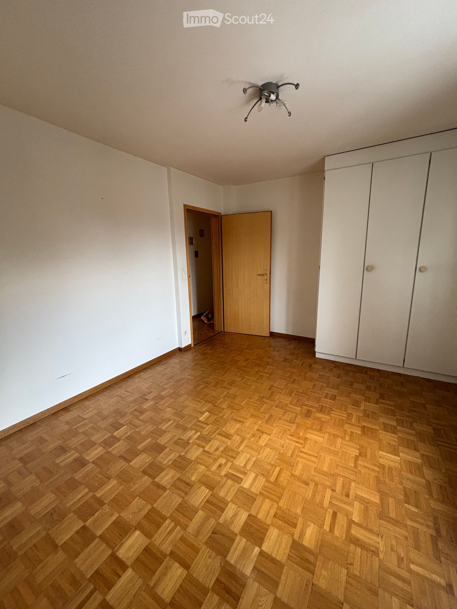 Empty room with wooden herringbone flooring, white walls, and built-in white closet units. A single ceiling light fixture is visible.