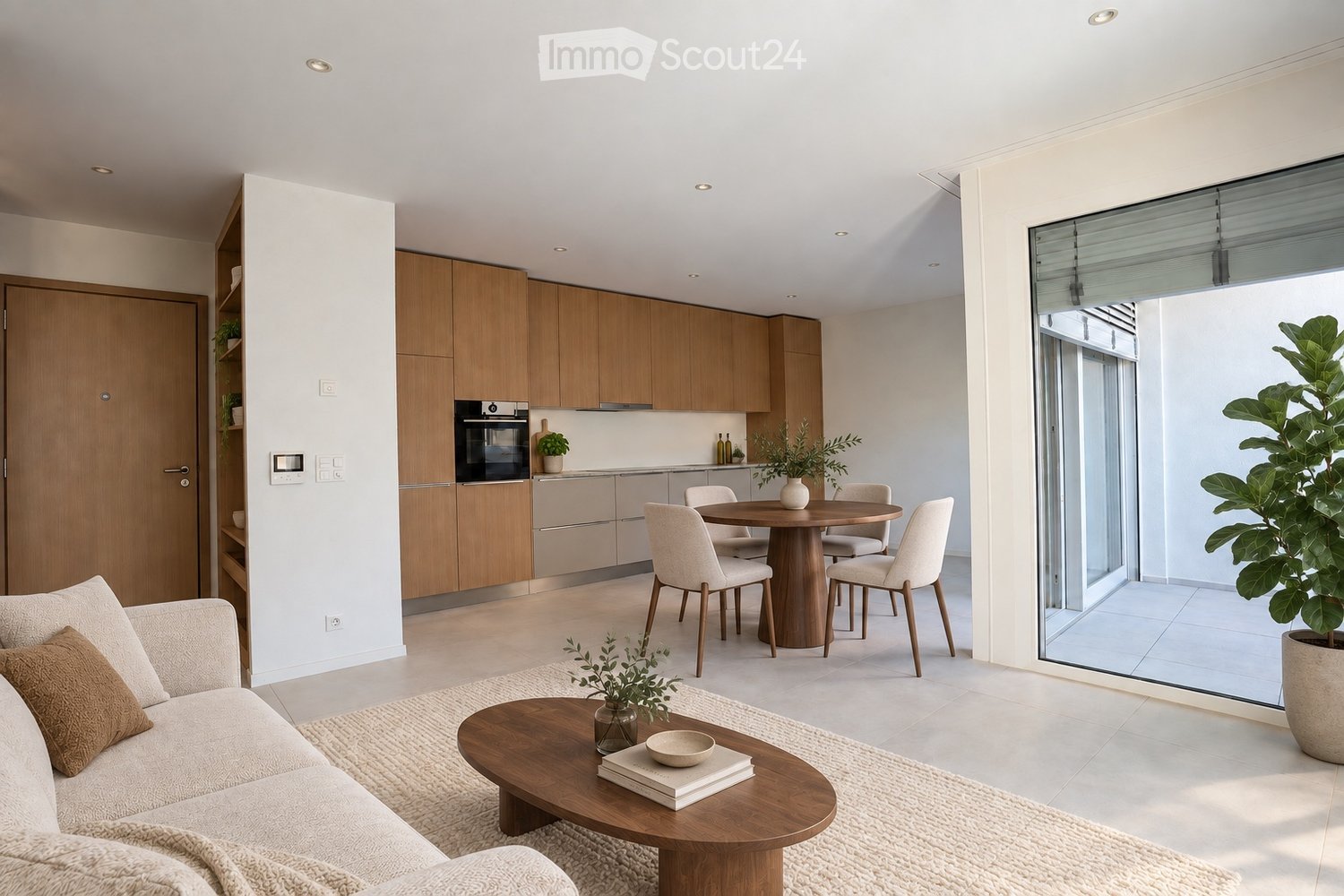 Modern open-plan living and dining area with a sofa, coffee table, dining table, and kitchen cabinets.