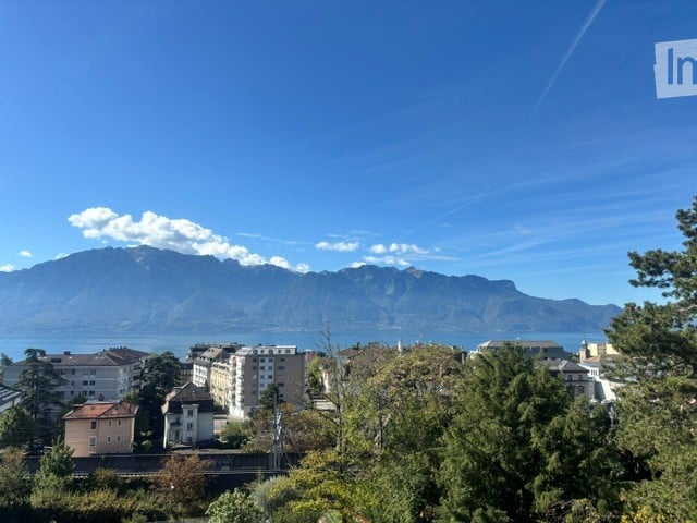 Panoramic view of a town with buildings and mountains in the background, under a clear blue sky.