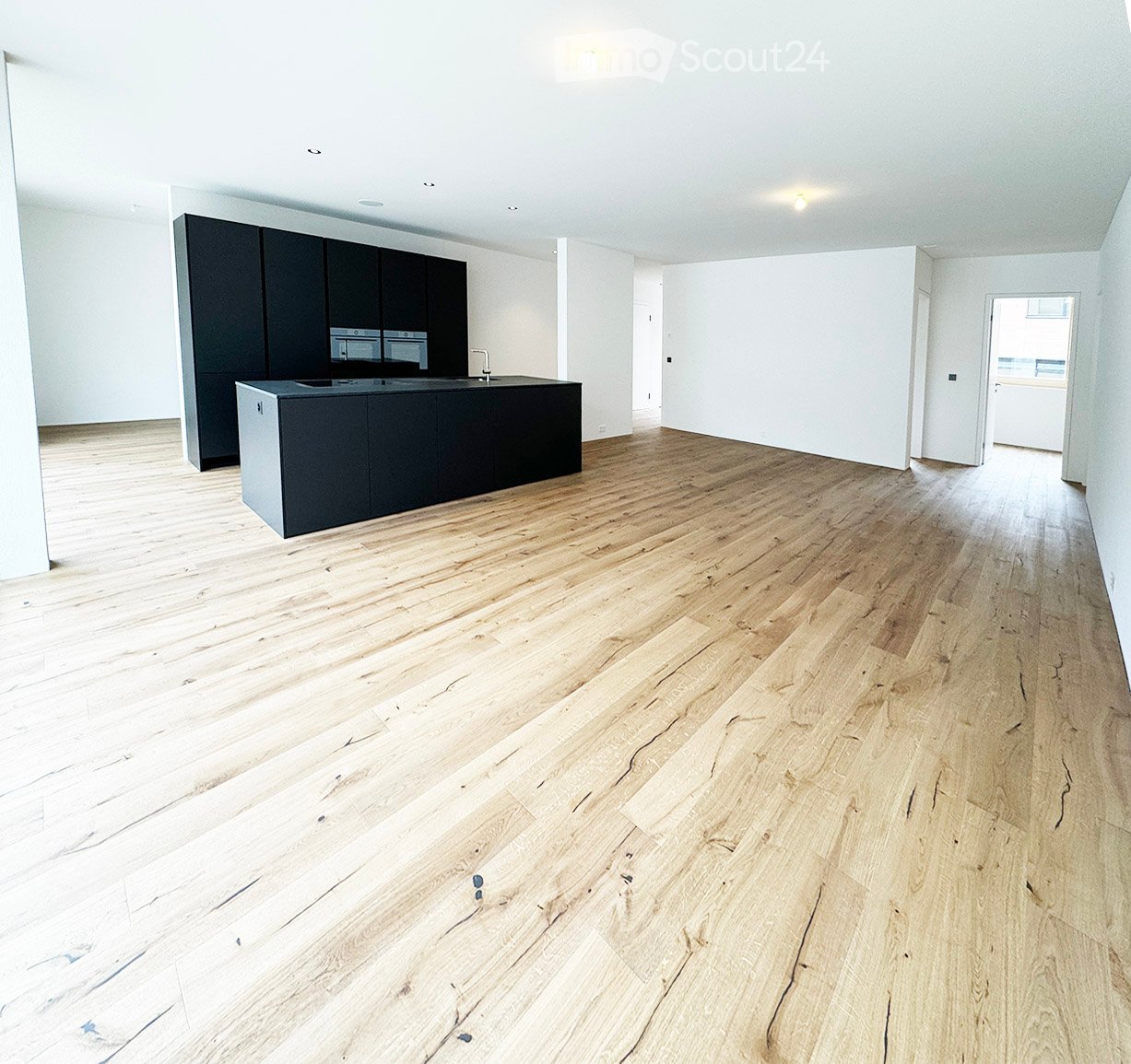 Empty room with light wooden flooring and white walls, featuring a dark kitchen island with cabinets and a sink.