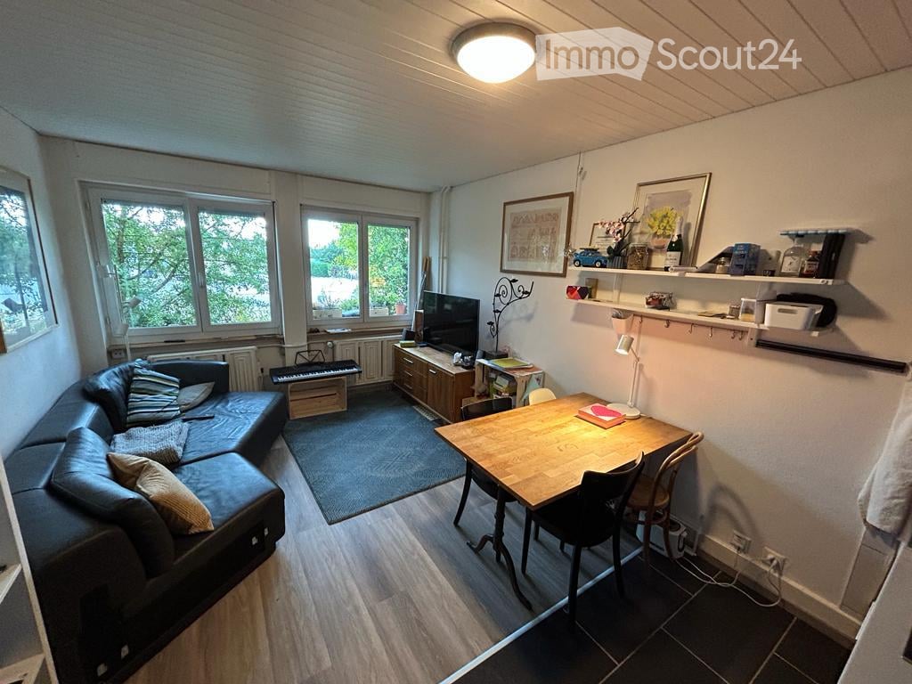 Living room: black leather couch, blue rug, wooden dining table with chairs, flat screen TV, piano, wooden cabinets, shelves, radiators, ceiling light, large windows
