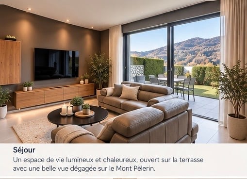 Modern living room with large windows offering a scenic mountain view, featuring a grey sectional sofa, coffee table, TV, sideboard, and potted plants.