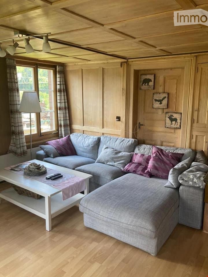 Cozy living room with light wooden walls and ceiling, grey sectional sofa with purple and grey cushions, white coffee table with remote controls and a basket, floor lamp, and decorative picture frames on the wall.