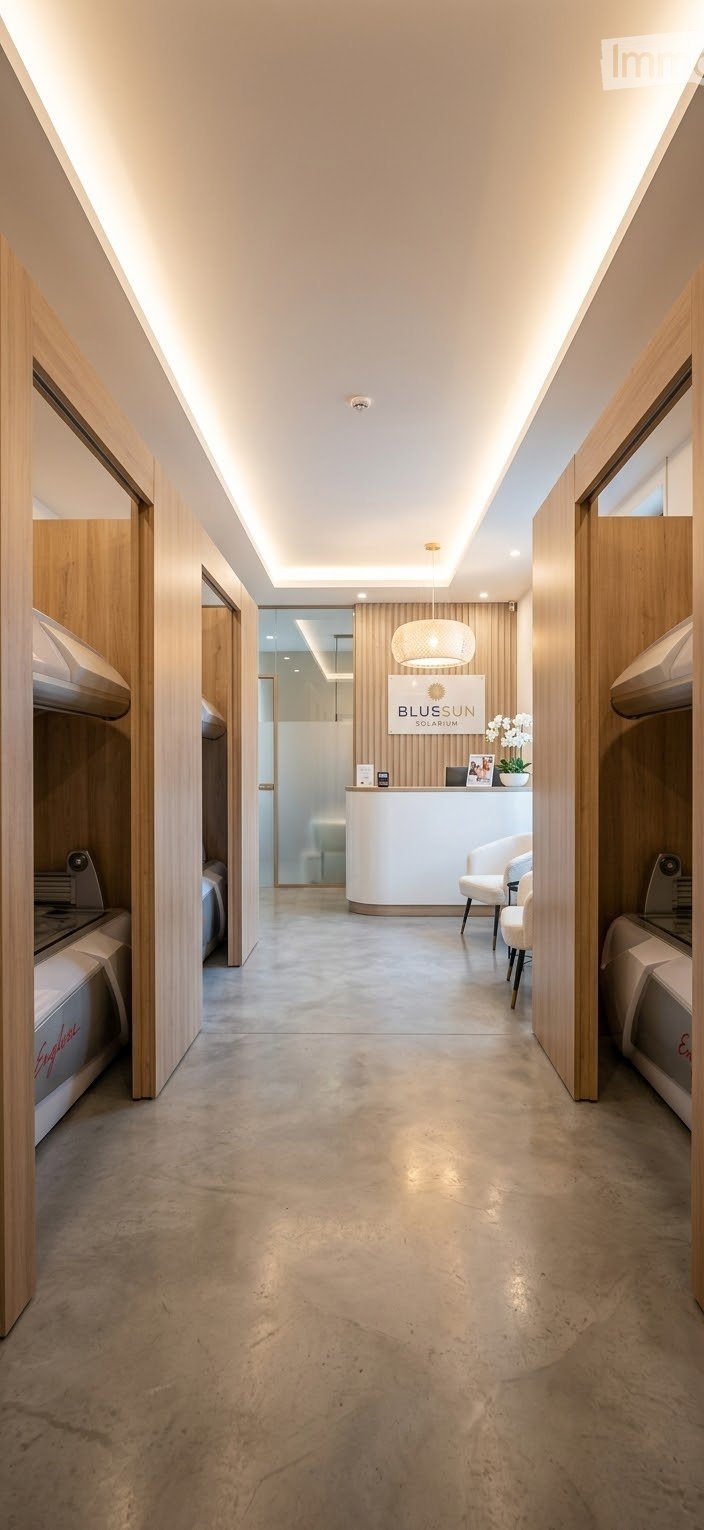 Modern hallway with wooden paneling, recessed lighting, and a reception area visible at the end. Features a sleek, minimalist design with a polished concrete floor and a reception desk with chairs.